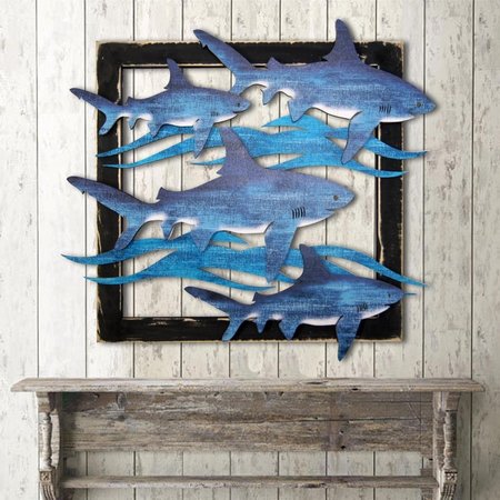 DESIGNOCRACY Sharks in Frame Wooden Art G98515S424